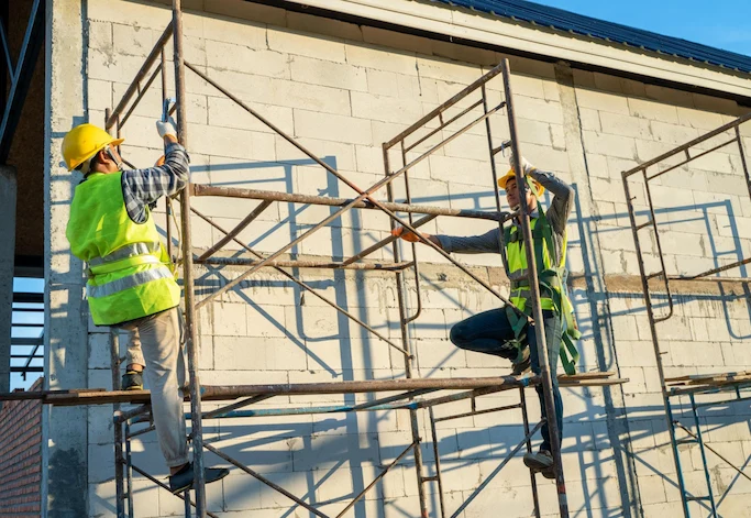 Multi-level scaffolding with wooden planks for construction support by Downey Scaffolding Rental