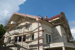 Exterior home construction with full scaffolding system for residential project in Downey CA by Downey Scaffolding Rental
