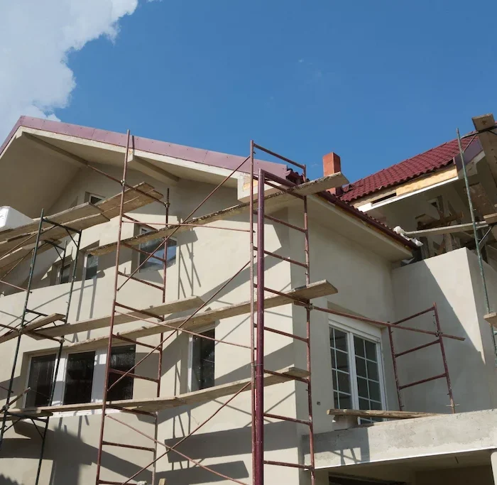 Exterior home construction with full scaffolding system for residential project in Downey CA by Downey Scaffolding Rental